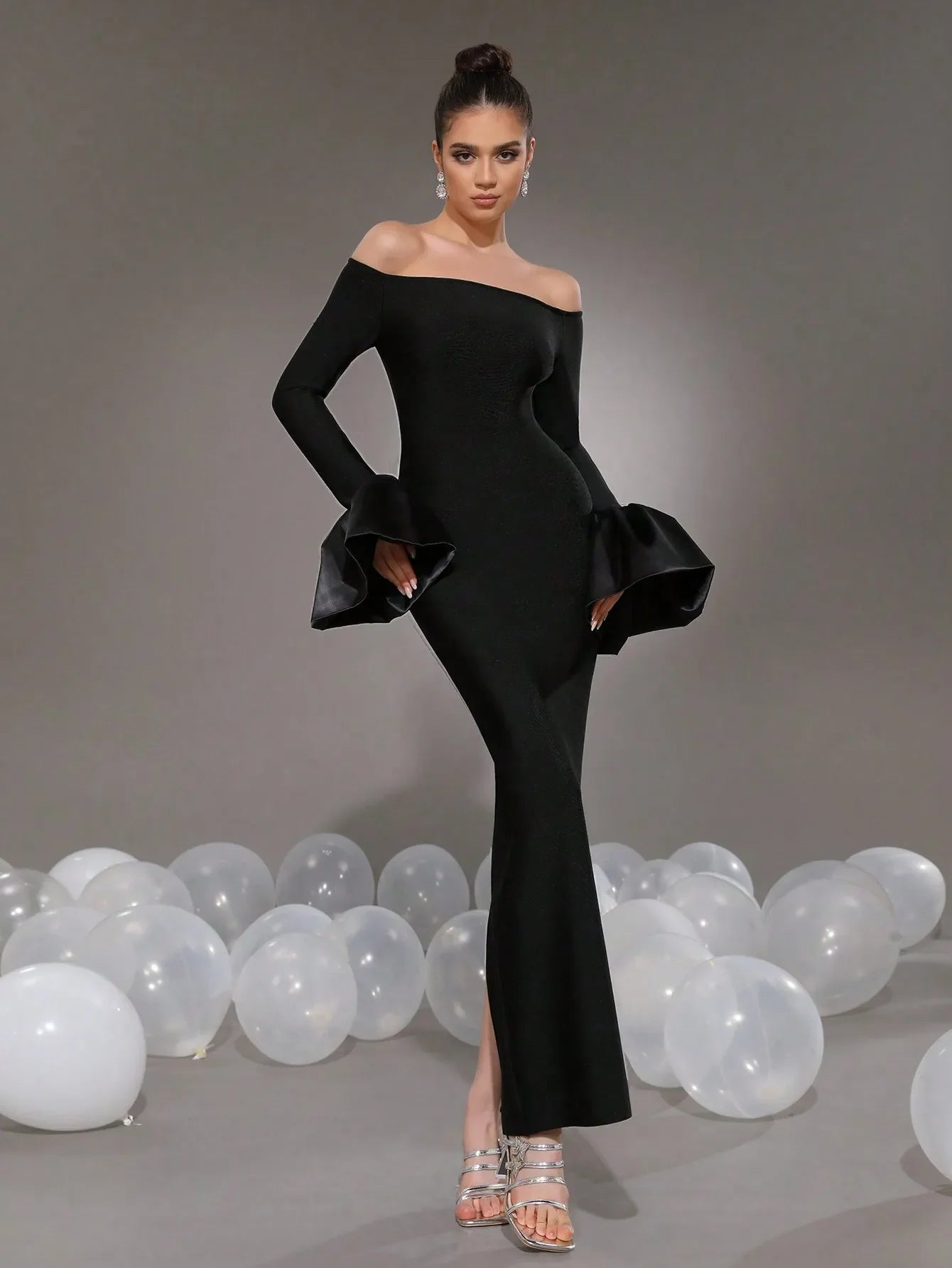 Elegant Women's Black Maxi Dress Stand up Neck Flare Sleeves Bodycon Bandage Long Dresses Cocktail Evening Party Vestidos Black 2