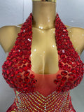 Sexy Red Sparkly Rhinestones Halter Backless Velour Short Dress Women Evening Prom Celebrate Birthday Party Stage Wear