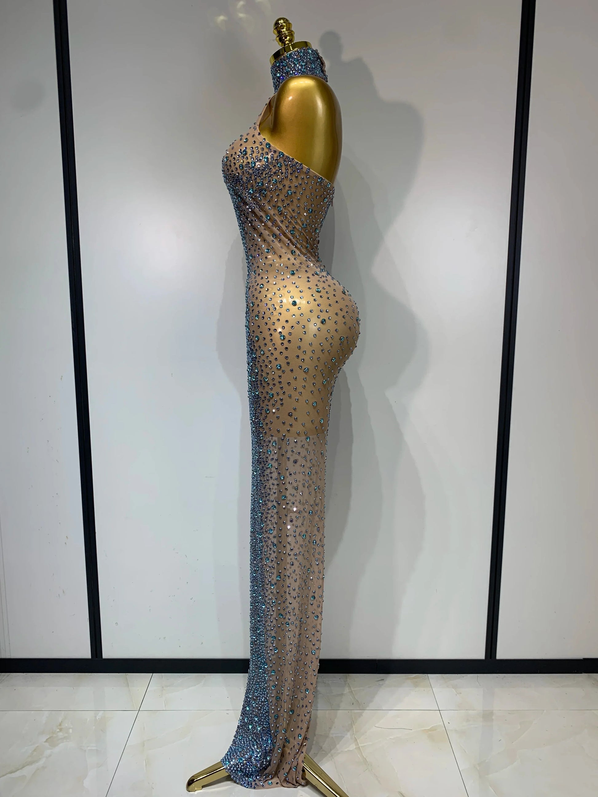 Sparkly Rhinestones Sleeveless Dress Sexy Mesh Transparent Celebrate Evening Wedding Prom Luxury Birthday Dresses Stage Outfit