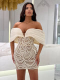 Beige Spilced Folds Short Dress Off The Shoulder Pearl Sequins Beading Chains Mini Cocktail Evening Party Vestido
