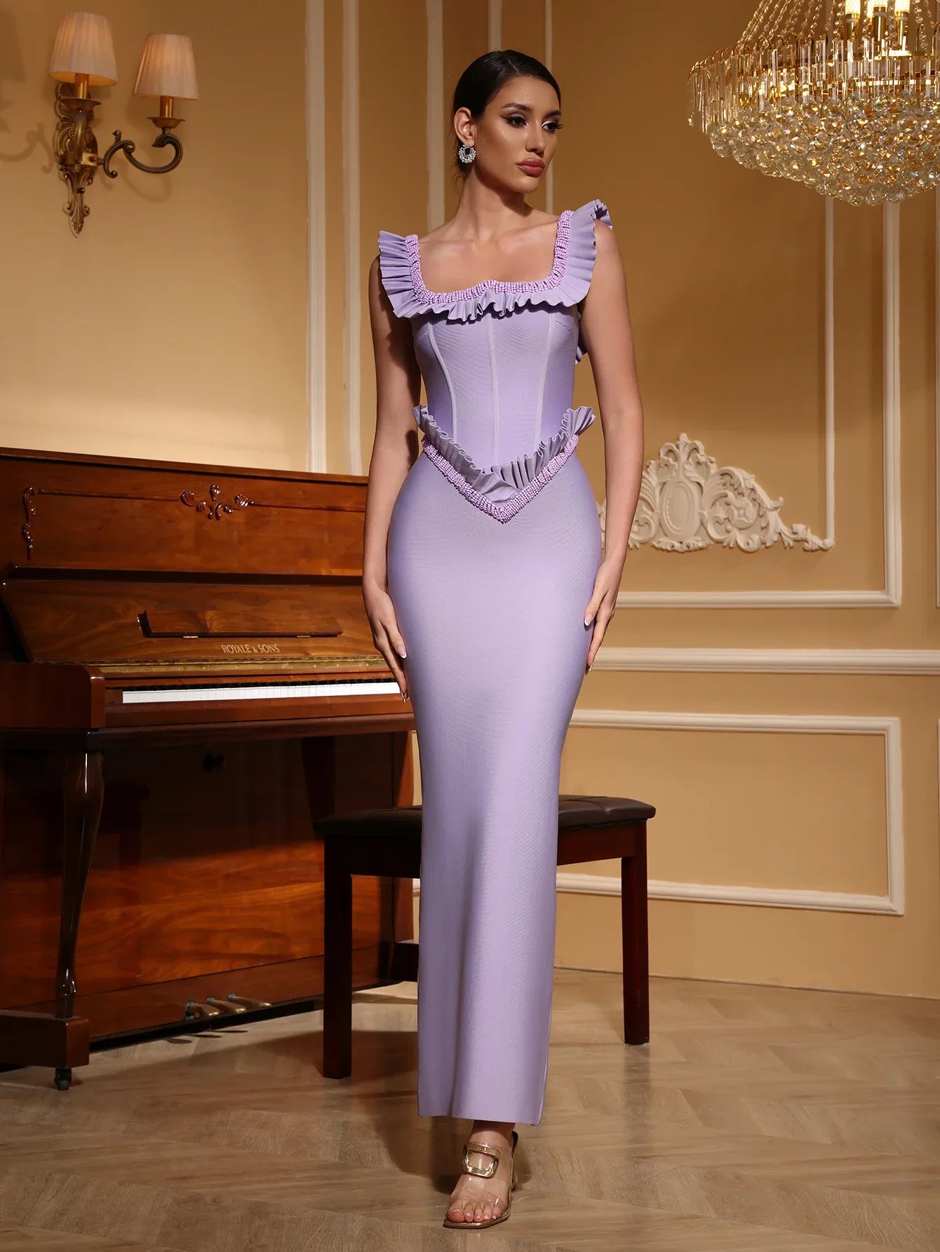 Purple Color Women Sleeveless Sexy Square Collar Ruffles Bodycon Long Bandage Dress Elegant Evening Party Cocktail Outfit Lavender