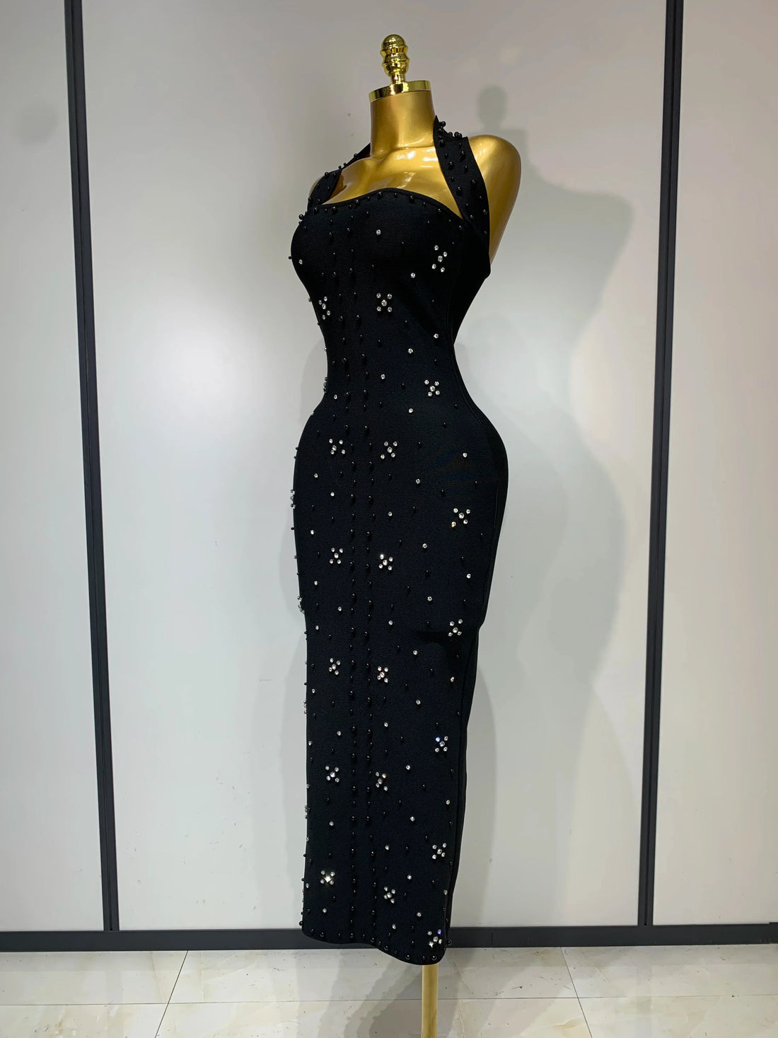 Elegant Sparkly Rhinestone Pearl Halter Backless Bodycon Bandage Long Dress Women Luxury Birthday Evening Party Gowns