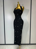 Elegant Sparkly Rhinestone Pearl Halter Backless Bodycon Bandage Long Dress Women Luxury Birthday Evening Party Gowns