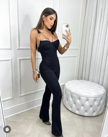 Sexy Hollow Out Spaghetti Strap Boot Cut Black Bandage Jumpsuit Fashion's Sexy Woman Evening Party Outfit