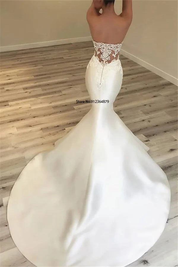 Vintage V-neck Lace Applique Satin Mermaid Wedding Dresses Sweep Train Custom Made Formal Bridal vestidos de noche formal occasi