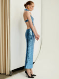 Blue Shiny Sequined Hatler Evening Dress Backless Cut Out Sleeveless Prom Bodycon Wedding Party Cocktail Evening Gown Vestido