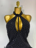 Sexy Backless Feathers Performance Costume Stage Dancer Black Mini Stretchy Nightclub Luxury Birthday Evening Party Dresses