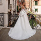 Elegant Satin Wedding Dress for Bride Sheer Long Sleeves Round Neck Applique Back Big Bow Corset Bridal Gown A Line Design