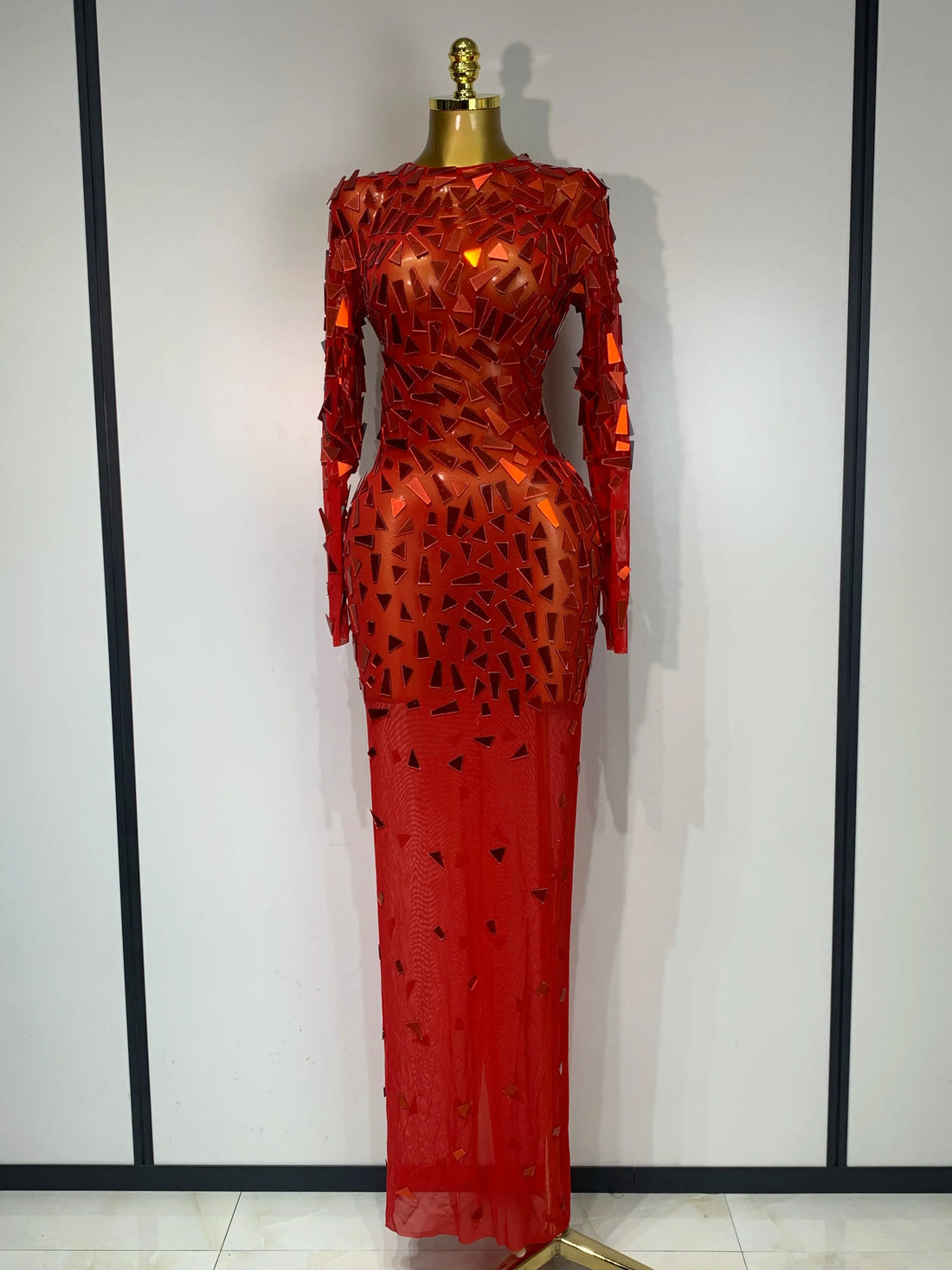 Sparkly Sequin Red Long Dress Luxury Birthday Celebrate Wedding Evening Prom Clothing Sexy Mesh See Through Strech Evening Gown Red