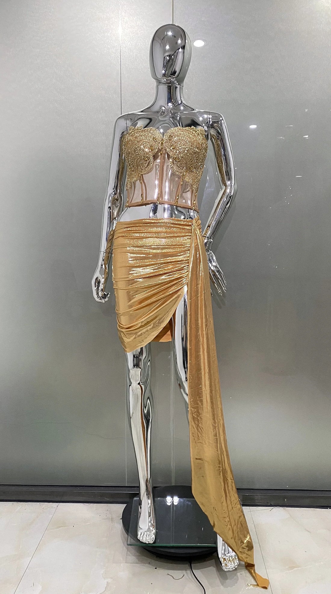 Golden Sparkling Diamonds Sexy See Through STrapless Top And Mini Skirt 2 Pieces Woman Set Party Vestido Performances Costume AS picture