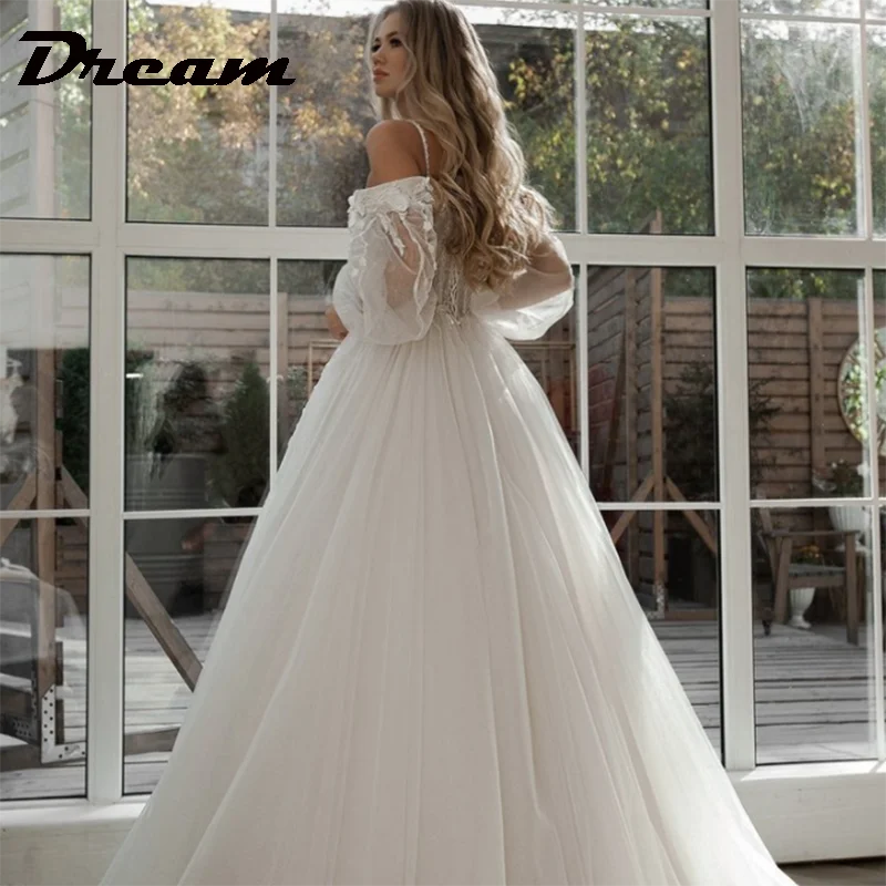DREAM – robe De mariée en Tulle, épaules dénudées, dentelle, paillettes, manches longues bouffantes, fleurs 3D, style Boho