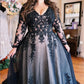 Luxury V-neck Plus Size Prom Dress Lace Tulle Fabric Long Sleeves Strao vestidos de fiesta Long Tail فساتين السهرة