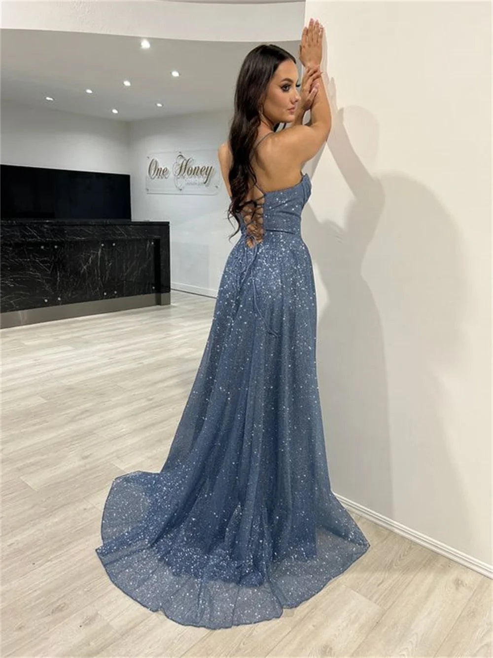 Glitter Sequins A-line Prom Dress Elegant Spaghetti Strap فساتين السهرة Sexy Side High Split Evening Dress