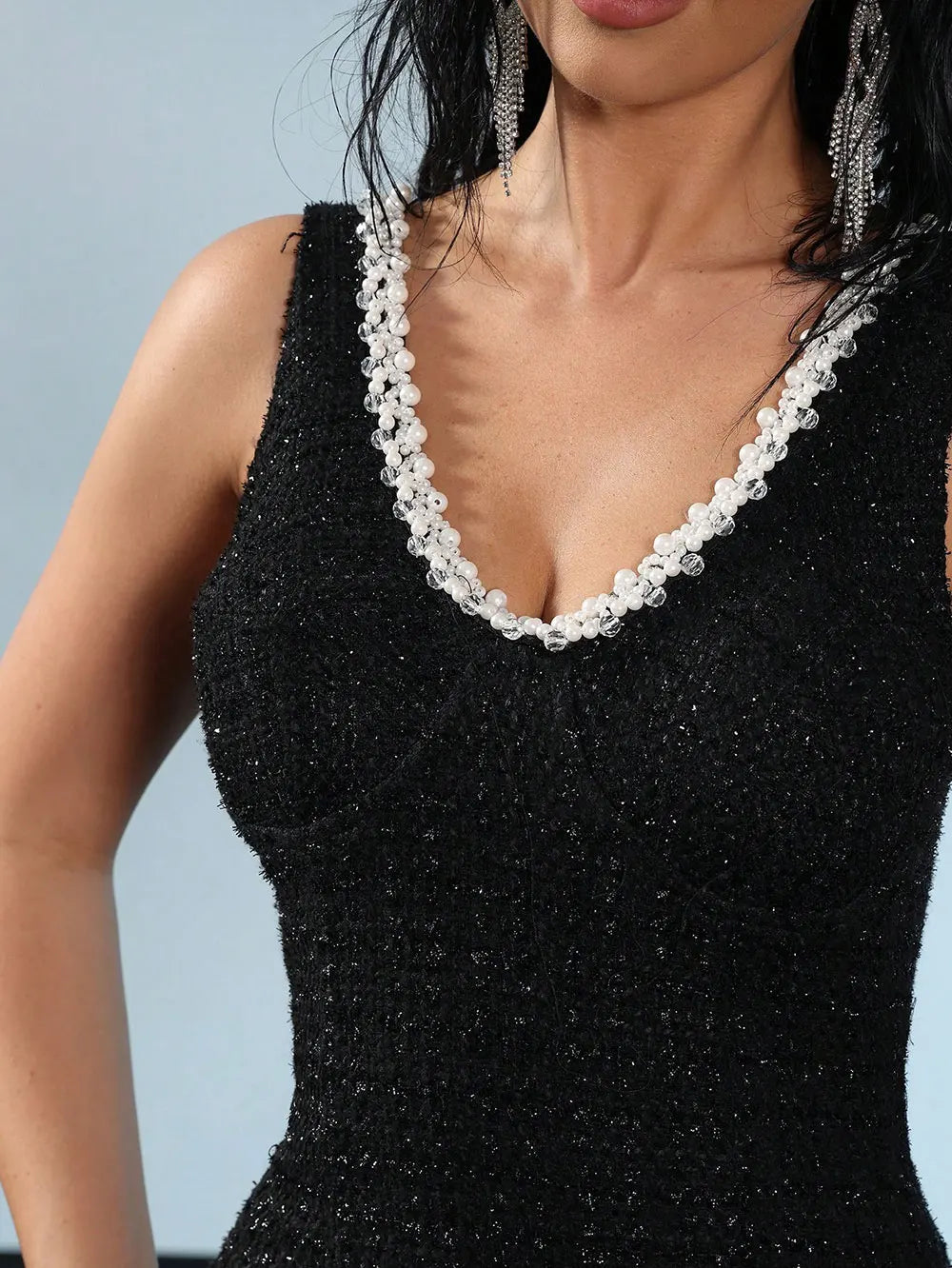 Elegant Women's Nail Bead Design Fishtail Dress V-neck Sleeveless Bodycon Flute Dresses Cocktail Evening Party Vestidos
