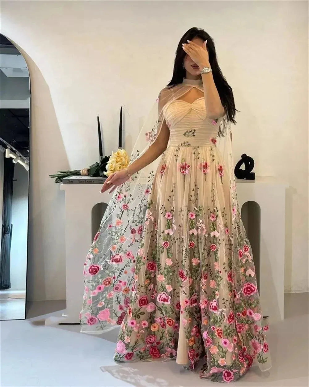 Elegantly Flower Embroidery فساتين سهره فاخره Tulle A-line Prom Dresses Sexy Halter Neck Shawl Vestidos De Noche Pink