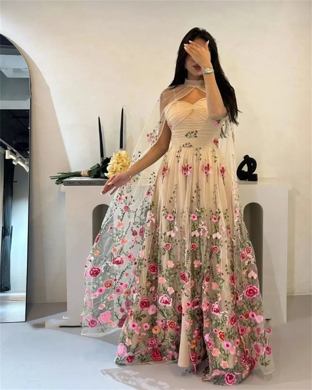 Elegantly Flower Embroidery فساتين سهره فاخره Tulle A-line Prom Dresses Sexy Halter Neck Shawl Vestidos De Noche