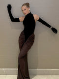 Glamorous Black and Brown Halter Gown with Velvet and Chiffon Combination for Luxury Galas Evening Gown
