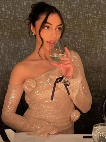 Sexy Women's 3D Flower Shining Glitter Maxi Dress with Diagonal Collar Long Sleeve Bodycon Long Dress Evening Club Vestidos