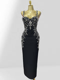 Luxury Diamonds Spaghetti Strap Black Bandage Ankle Length Dress Woman evening Party Dress Celebrity Birthday Party Outfit black