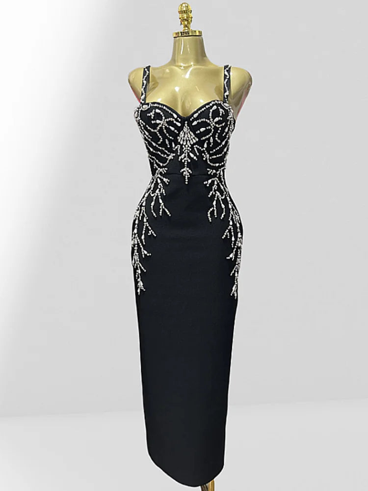 Luxury Diamonds Spaghetti Strap Black Bandage Ankle Length Dress Woman evening Party Dress Celebrity Birthday Party Outfit black