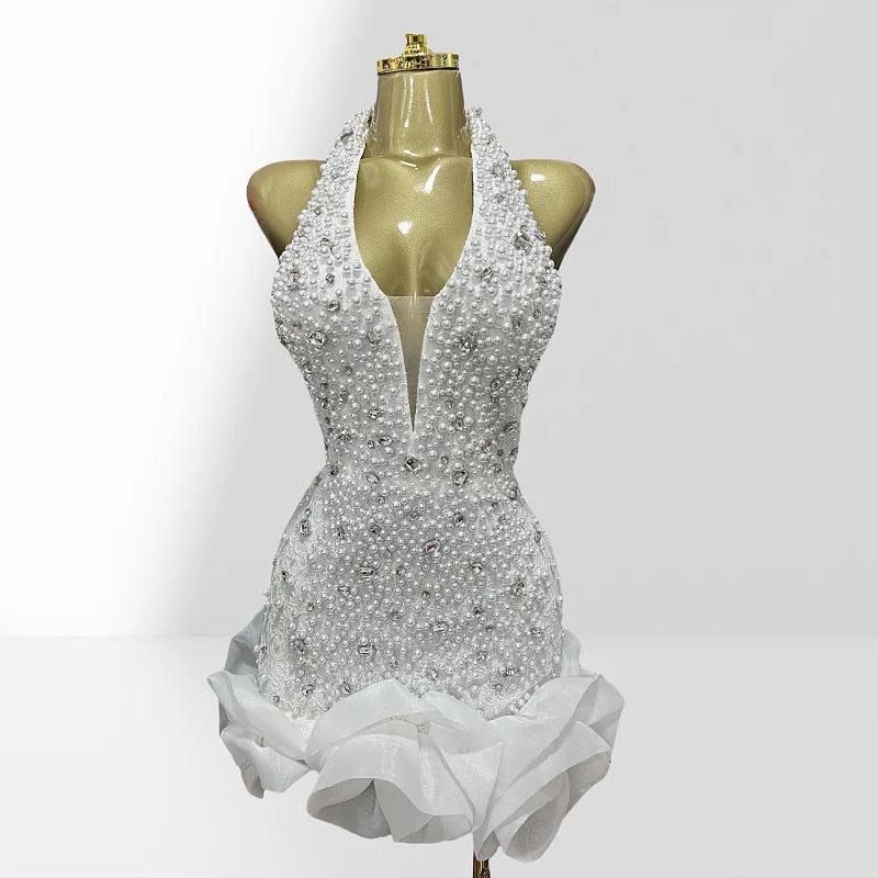 Luxury Diamond Beading Sexy V-Neck Halter Sleeveless White Mini Dress Woman Wedding Party Vestido Birthday Party Outfit
