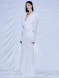 White Swinging Collar Long Dress For Women Ruched High Waist Long Sleeves Slim Elegant Evening Party Gowns