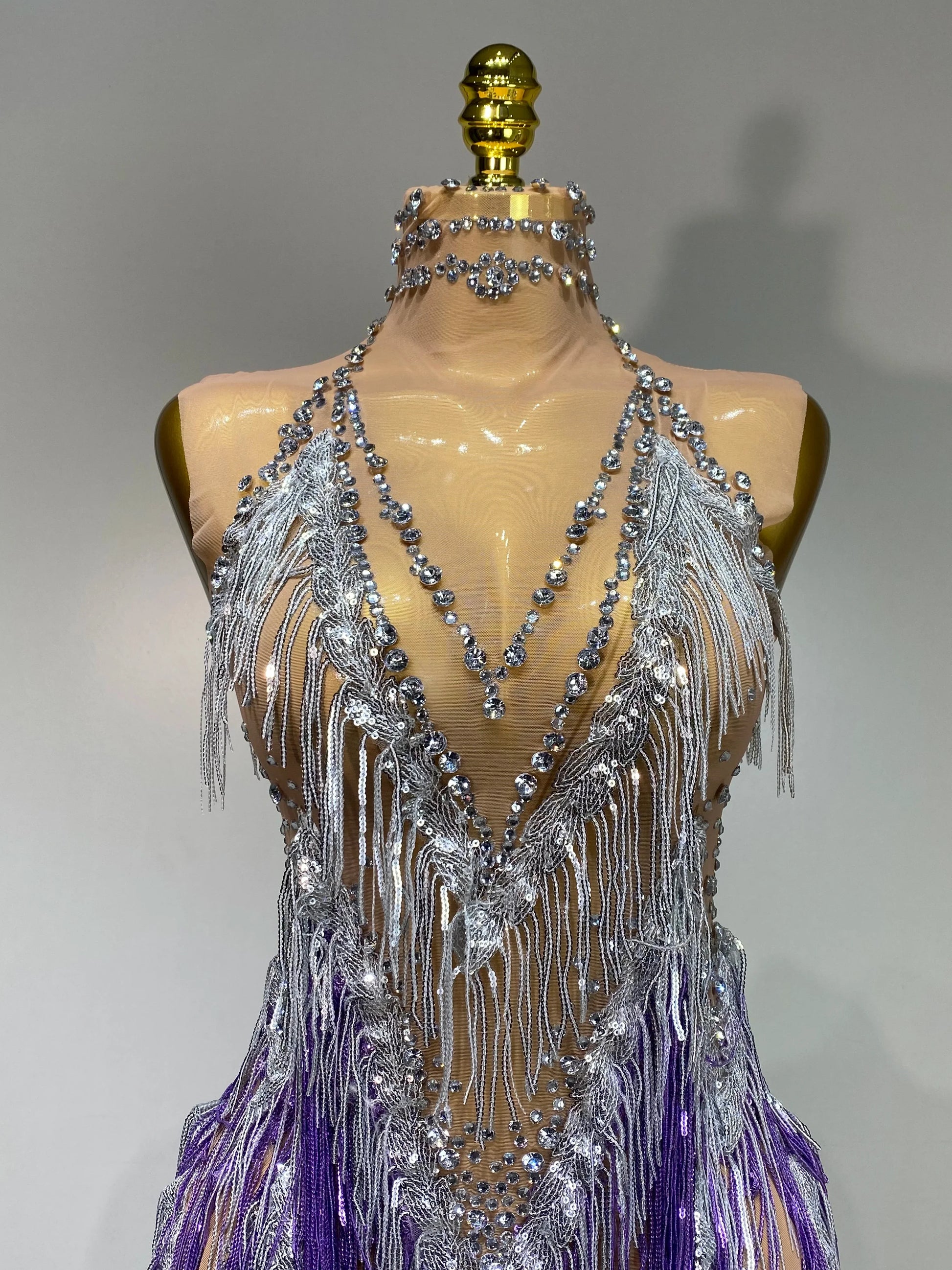 Luxury Rhinestone Tassel Sexy Women Short Latino Dance Dress Birthday Nightclub Bar Sleeveless Sparkly Performance Stage Outfit