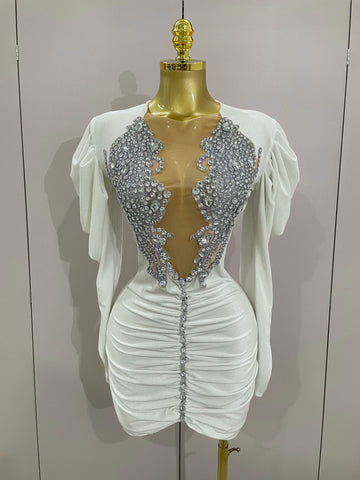 Luxury Sparkly Crystals Sexy Mesh White Velvet Short Dress Women Elegant Evening Prom Birthday Party Dresses Stage Costume WHITE