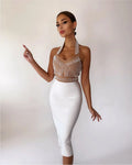 Exquisite Pearl Beading Halter Bodycon Knee Lenght Dress Graceful Woman Hips Package Bandage Dress Evening Party Vestido WHITE