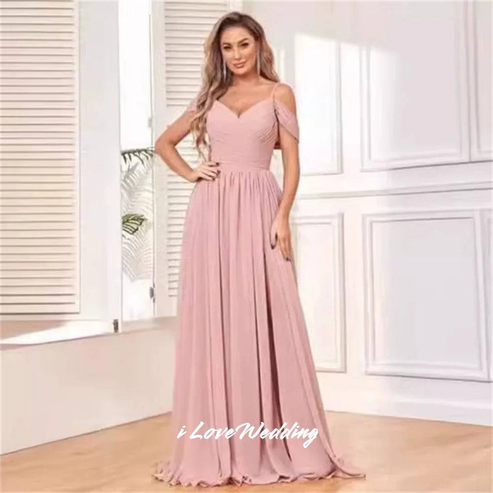 Pink Chiffon Bridesmaid Dresses Off the Shoulder Spaghetti-Strap A-Line Side Split Lace-Up Wedding Party Dresses Customized