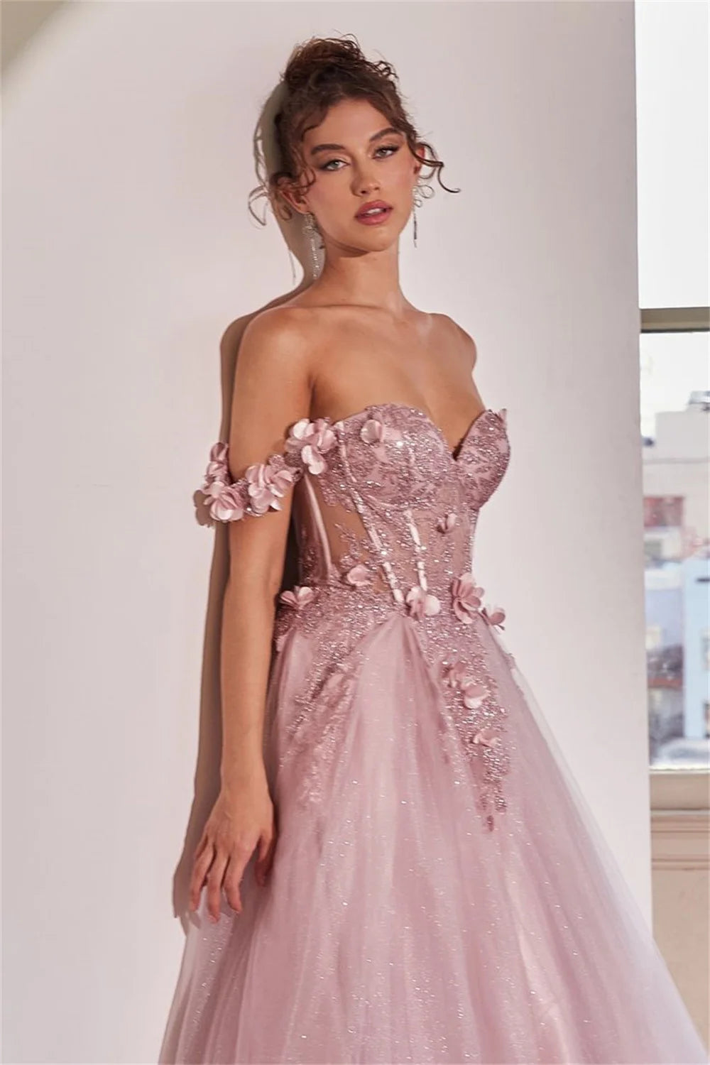 Off Shoulder A-line Tulle Fabric Prom Dress 3D Lace Embroidery Vestidos De Novia Elegant Heart Shaped Neck robes de soirée