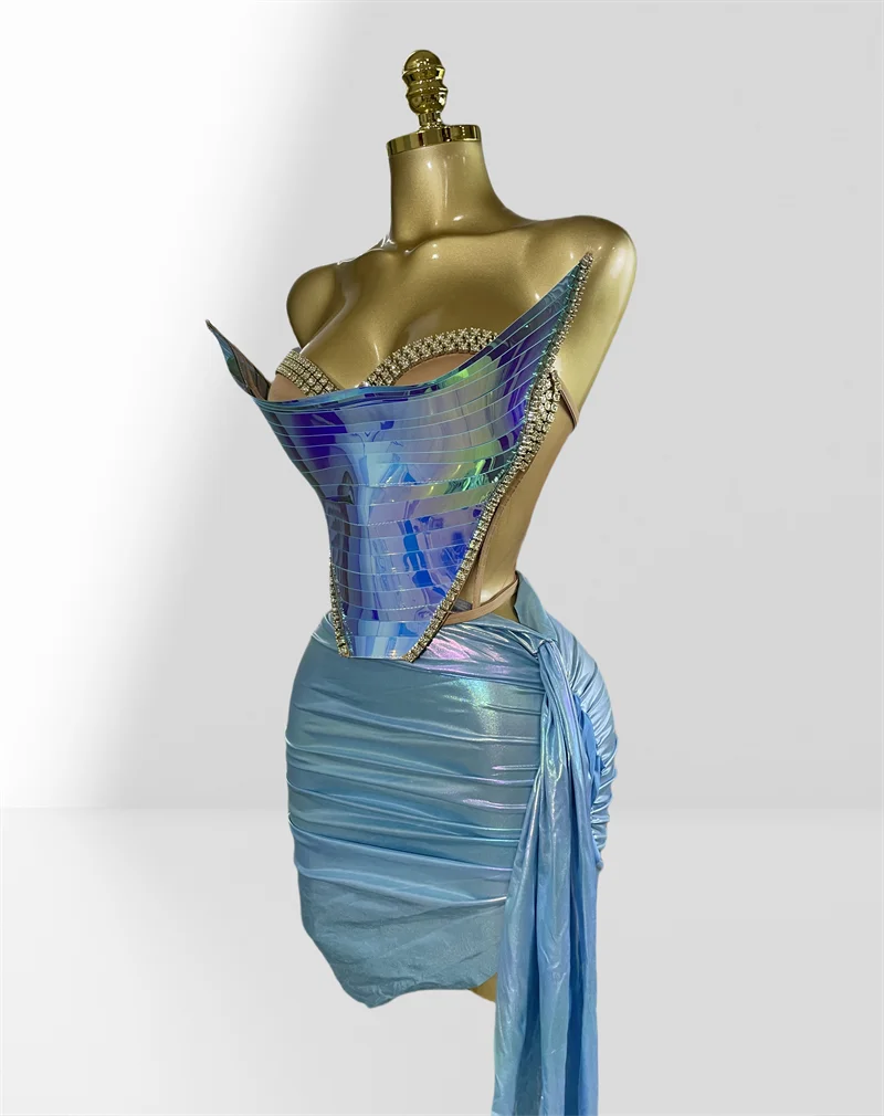 Fashionable Mirror Luxurious Rhinestone Lace -up Top And Mini Skirt Set 2 Pieces Woman Birthday Vestido Music Festival Outfit Silver