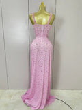 Luxury Pink Rhinestones Split Floor Length Dress Women Sexy Evening Celebrate Birthday Party Dress Photoshoot Stage Wear
