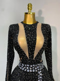 Sexy Sparkly Diamond Black Long Sleeves Bodycon Mesh Jumpsuit Evening Party Nightclub Bar Singer Performance Stage Costume
