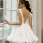 Mini robe de bal blanche trapèze, bretelles avec nœud en cœur, robes de soirée de mariage courtes froncées à lacets, robes de Cocktail pour femmes