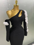 Sexy One Shoulder Key Hole Flower Maxi Long Bodycon Bandage Dress Women Knitted Elegant Evening Club Party Outfit