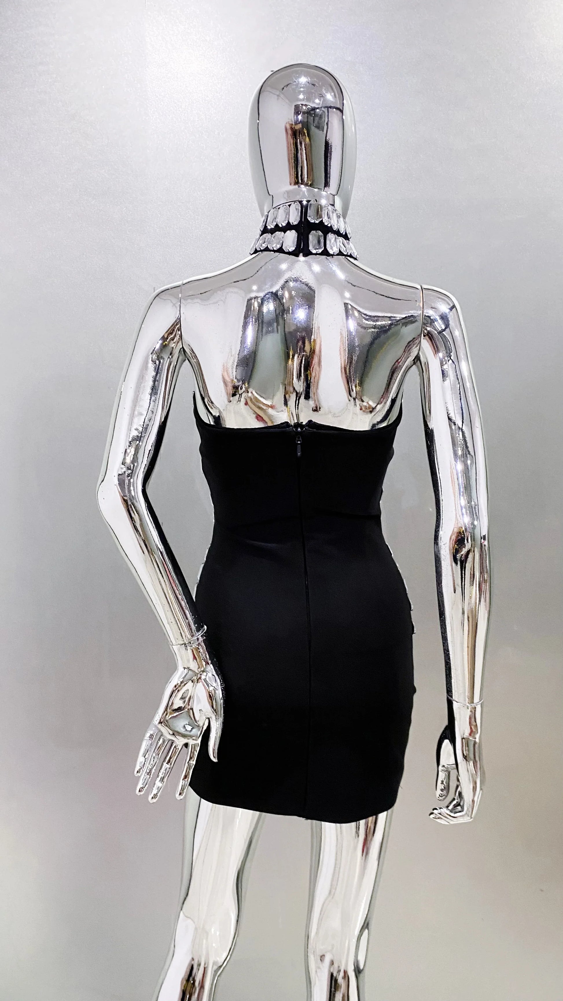 Stylish Necklace Shining Diamonds Strapless Black Bandage Mini Dress Fashion Woman Party Vestido Celebrity Birthday Outfit