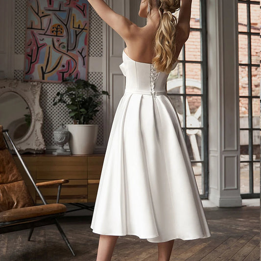 Satin Short Wedding Dress Sweetheart Elegant Side Slit Lace Up Back For Women Bridal Gowns White Crystal Beading Elegant