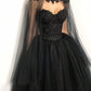 Gothic Black Heart Shaped Neckline Prom Dress Lace Embroidery Cape فساتين السهرة A-line Tulle Evening Dress