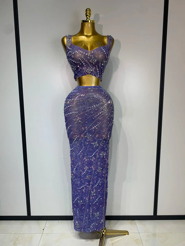 Sparkly Rhinestones Top Long Skirt Two Pieces Set Women Celebirty Luxury Birthday Dress Nightclub Stage Performance Costume ROYAL BLUE