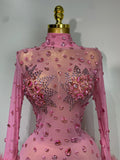 Shiny Diamond Mesh See Through Bodycon Jumpsuit Women Sexy Long Sleeve Performance Singer Costume Nightclub Stage Outfit