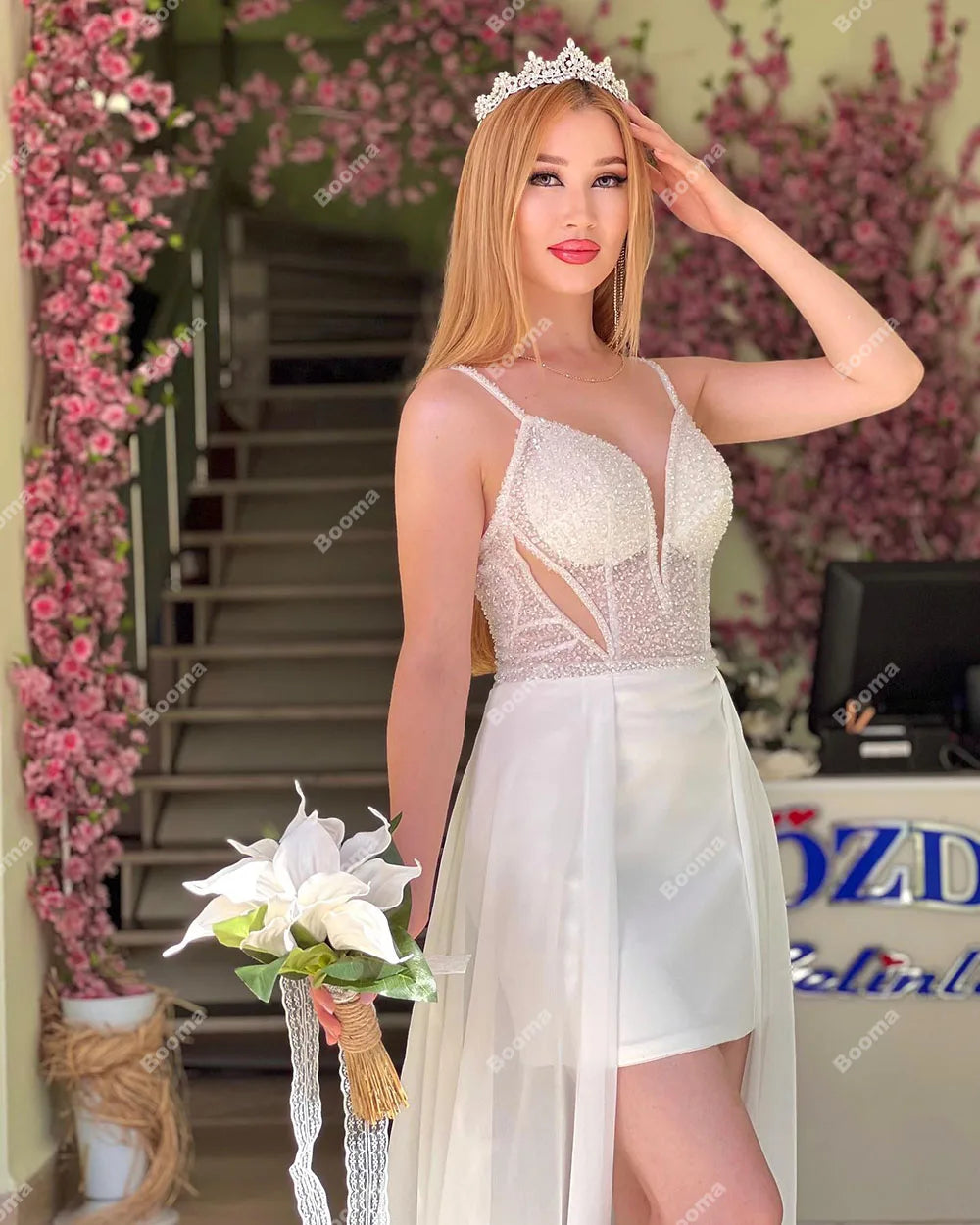 Mini Mermaid Mini Mini Pesta Pernikahan Gaun Spaghetti Tali Pengantin Pendek untuk Wanita 2023 Acara Malam Gaun Koktail