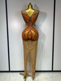 Luxury Rhinestones Mesh Long Dress Elegant Sexy Sleeveless Birthday Evening Party Gown Performance Singer Stage Outfit