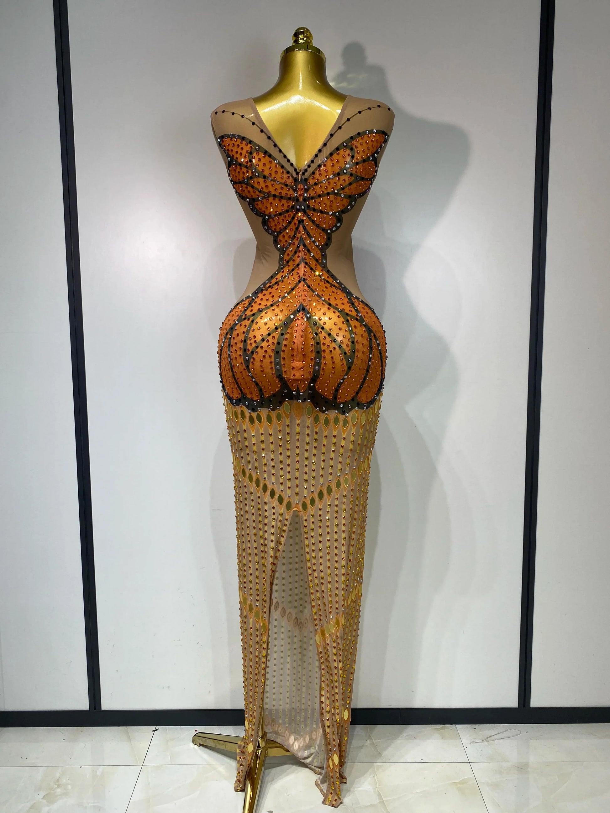 Luxury Rhinestones Mesh Long Dress Elegant Sexy Sleeveless Birthday Evening Party Gown Performance Singer Stage Outfit