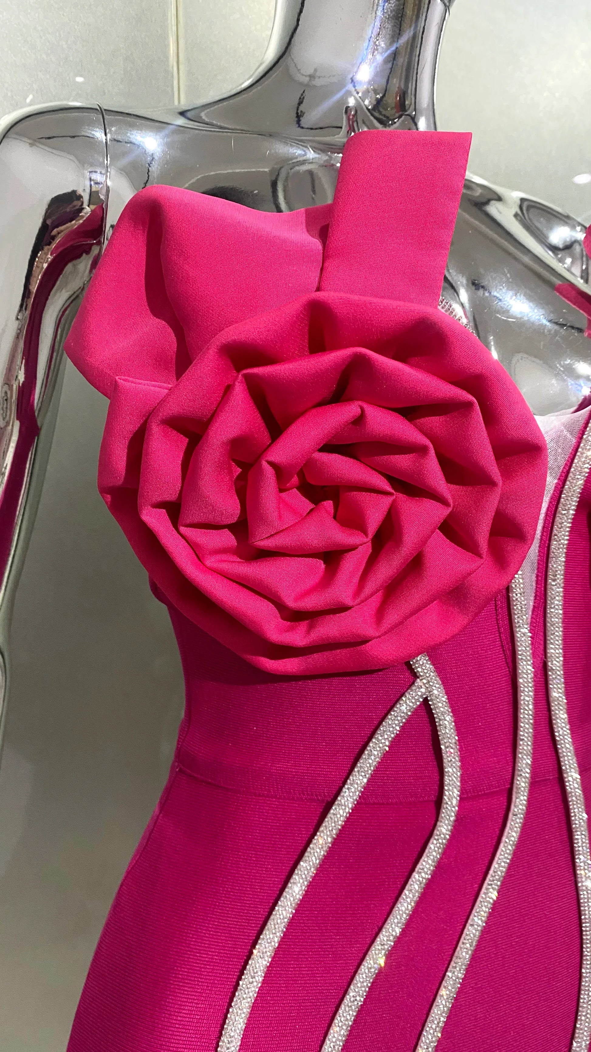 Summer Rose Red Stereoscopic Flowers Sparkling Diamonds Chain Ankle Lenght Bandage Dress Elegant Woman Evening Dress