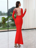 Sexy Women Christmas Dress O-neck Long Sleeve Gauntlet Heavy duty sequin Flower Design Bodycon Backless Long Dress Vestidos