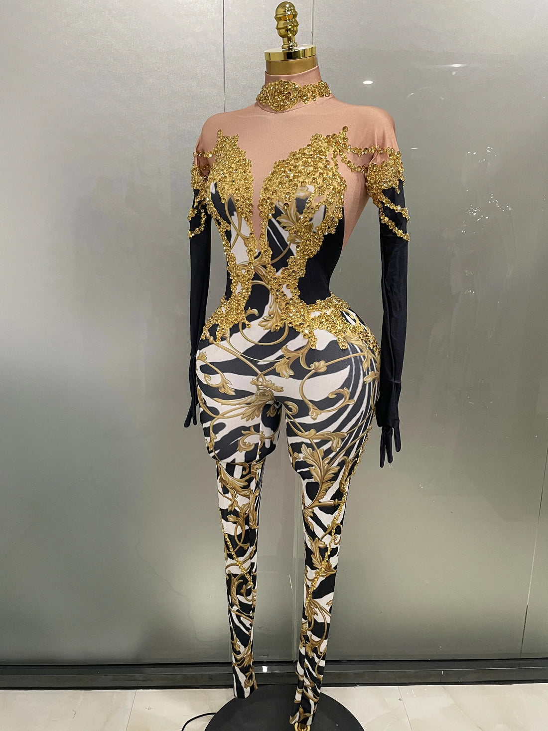 Sparkly Gold Rhinestones Jumpsuit With Gloves Women Sexy Printed Party Nightclub Bar Singer Stage Performance Costume Gold