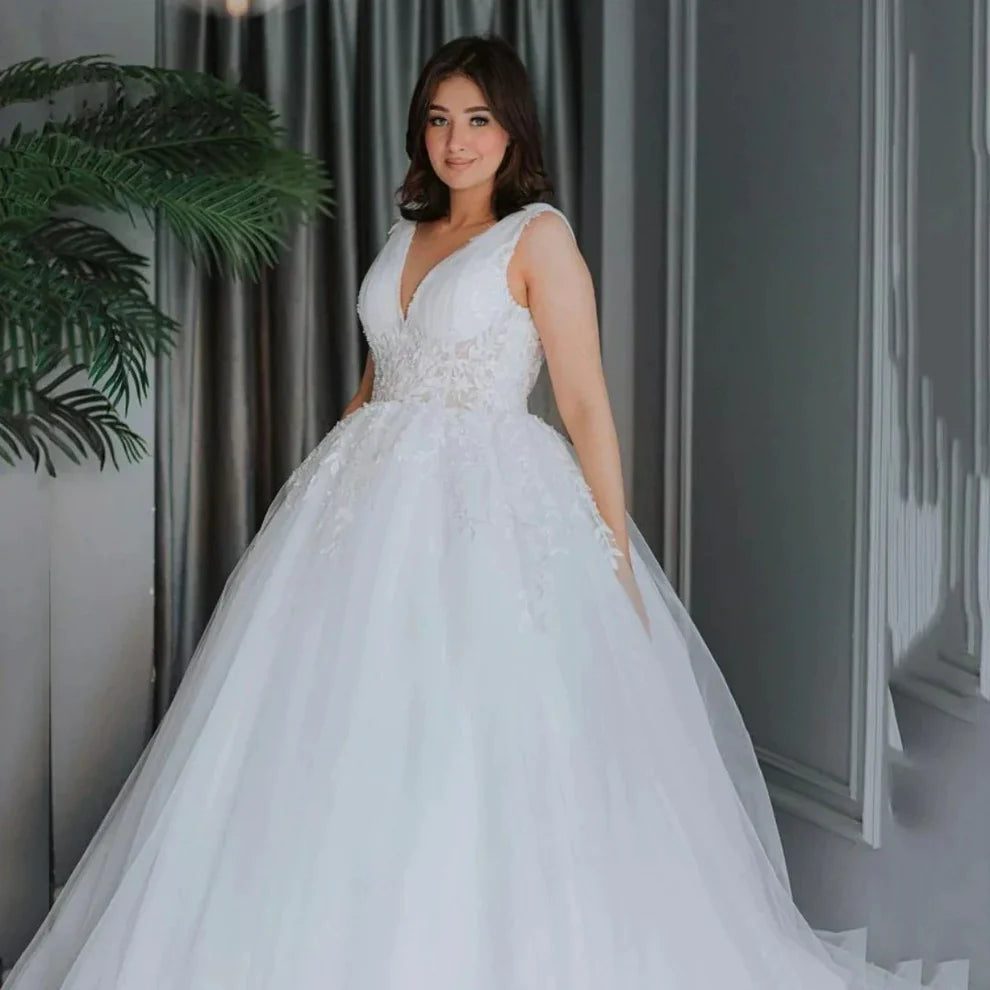 Gaun pengantin ukuran plus untuk wanita a-line v-neck lengan lace applique applique terbuka belakang pantai gaun gaun gaun vestid custom