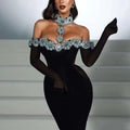 Fashion Golves Luxury Diamonds Sexy Off The Shoulder Halter Ankle Length Dress Graceful Woman Evening Party Dress