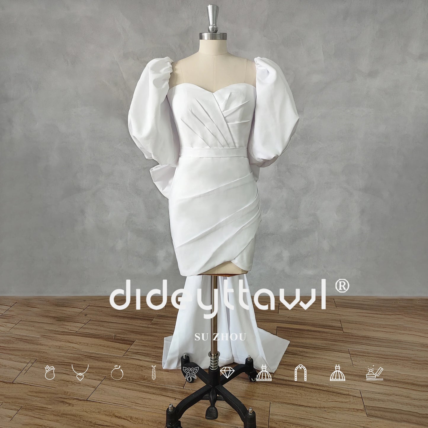 Robe de mariée courte plissée, manches bouffantes, avec nœud, gaine au-dessus du genou, Mini robe de mariée sur mesure